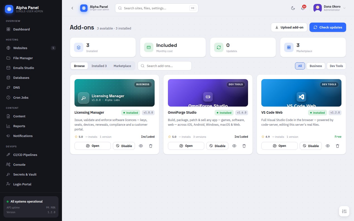 Add-ons screen in AlphaPanel