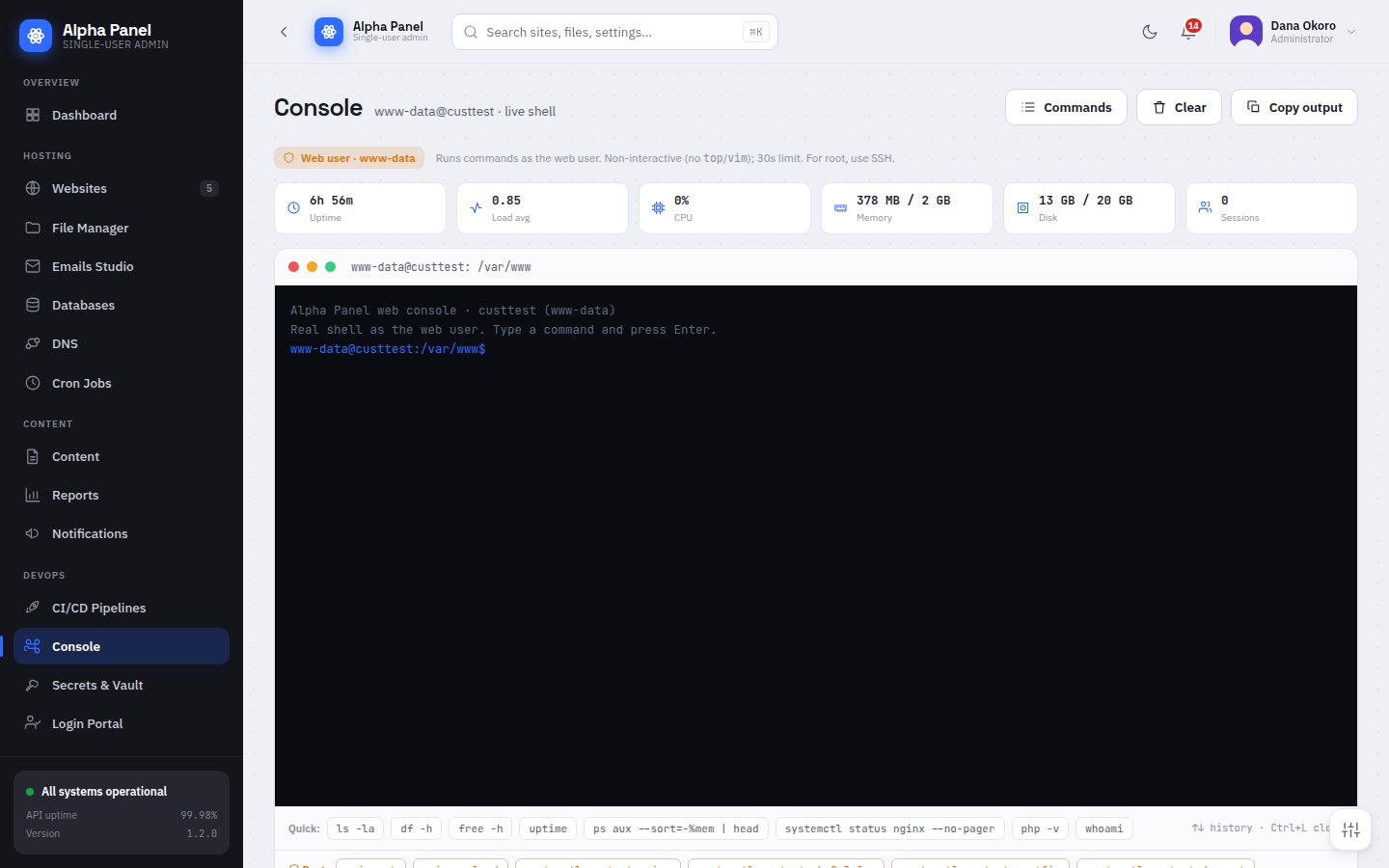 Web console screen in AlphaPanel