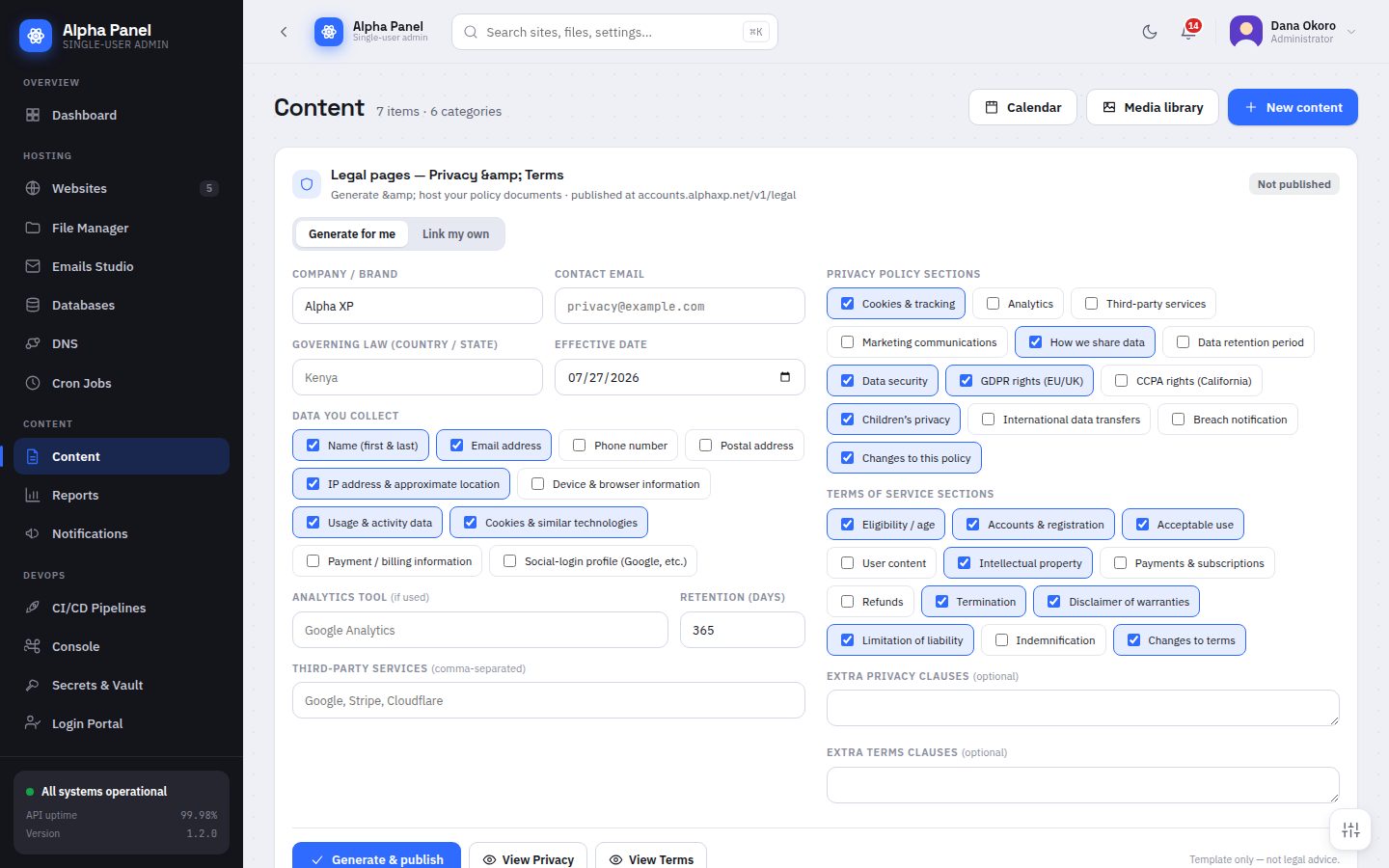 Content screen in AlphaPanel