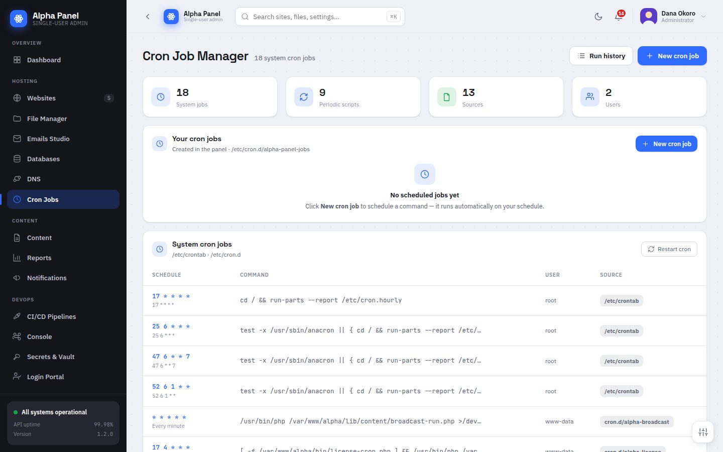 Cron Jobs screen in AlphaPanel