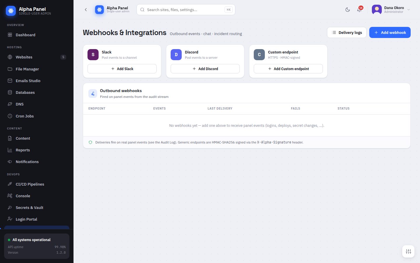 Webhooks & Integrations screen in AlphaPanel