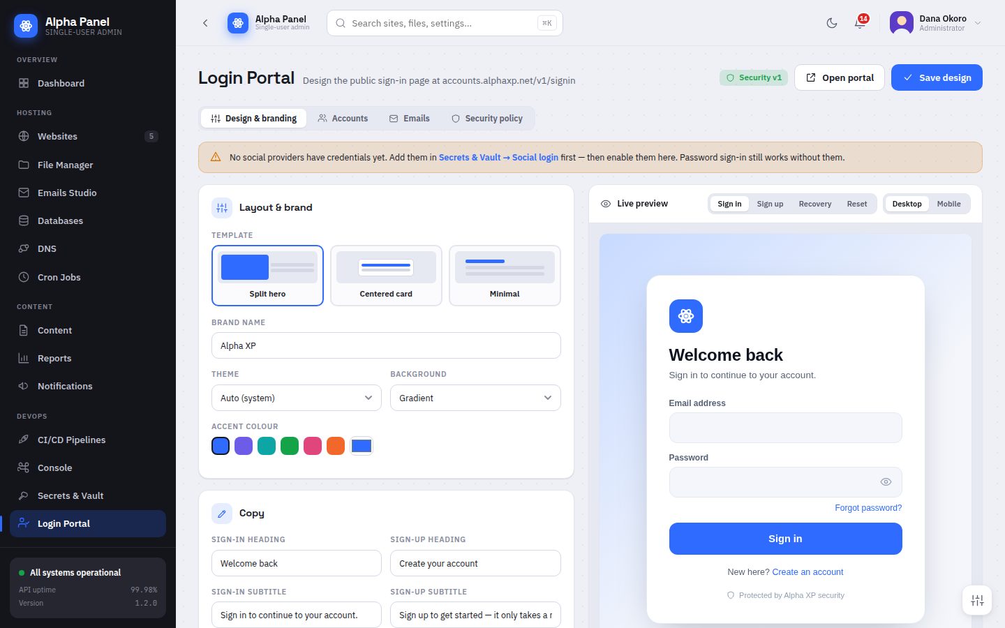 Login Portal screen in AlphaPanel
