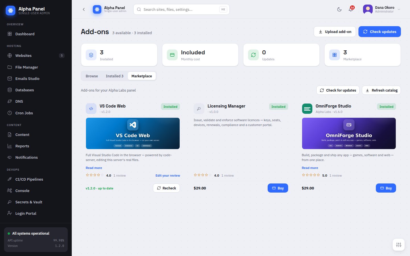 Marketplace screen in AlphaPanel