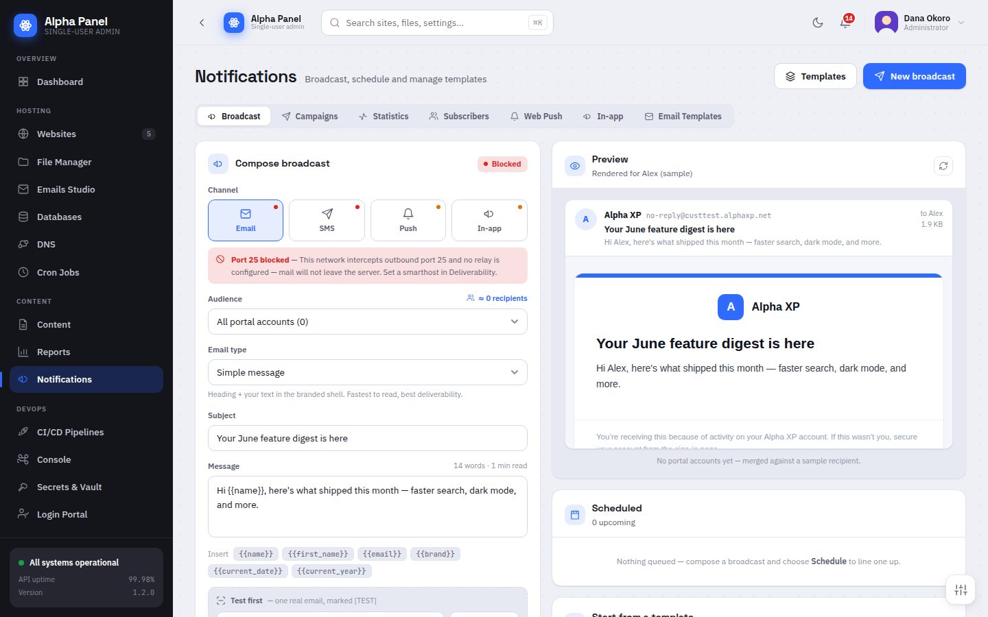 Notifications screen in AlphaPanel