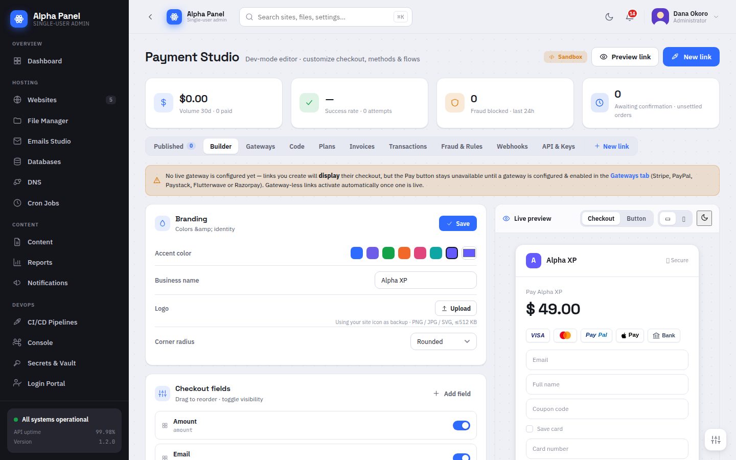 Payment Studio screen in AlphaPanel