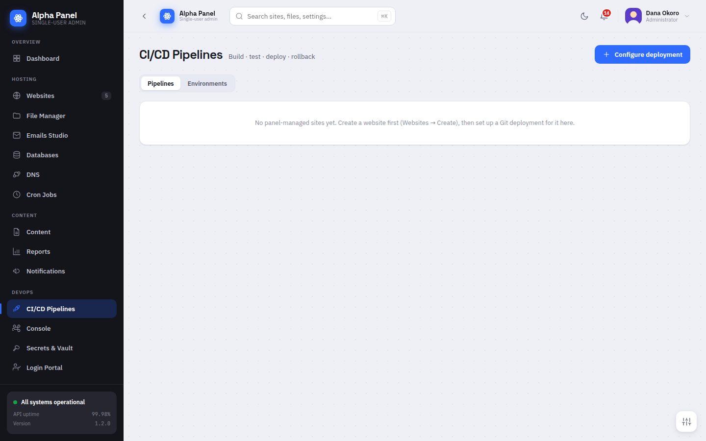 CI/CD Pipelines screen in AlphaPanel