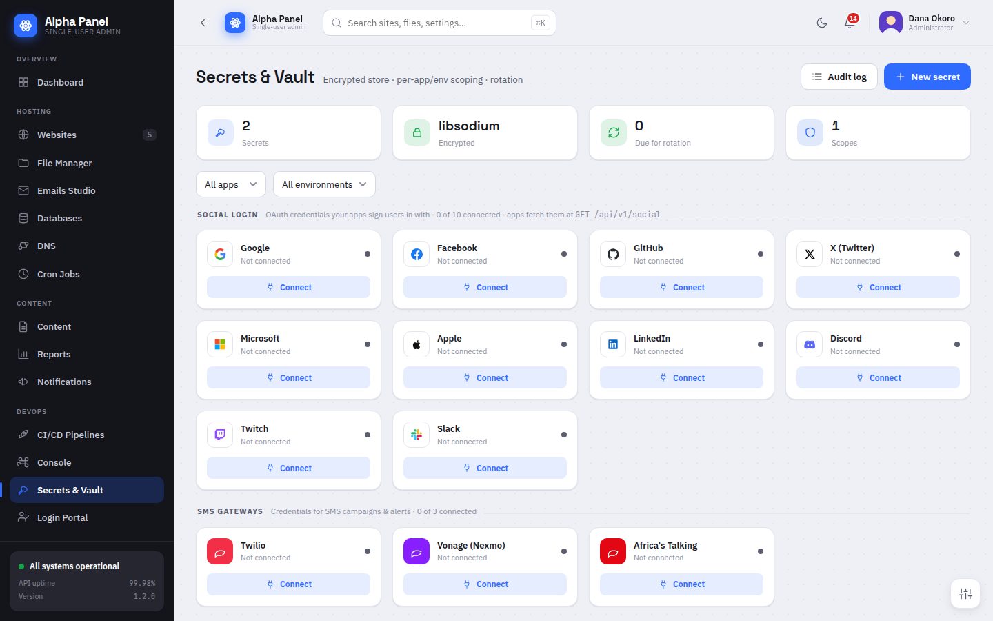 Secrets & Vault screen in AlphaPanel