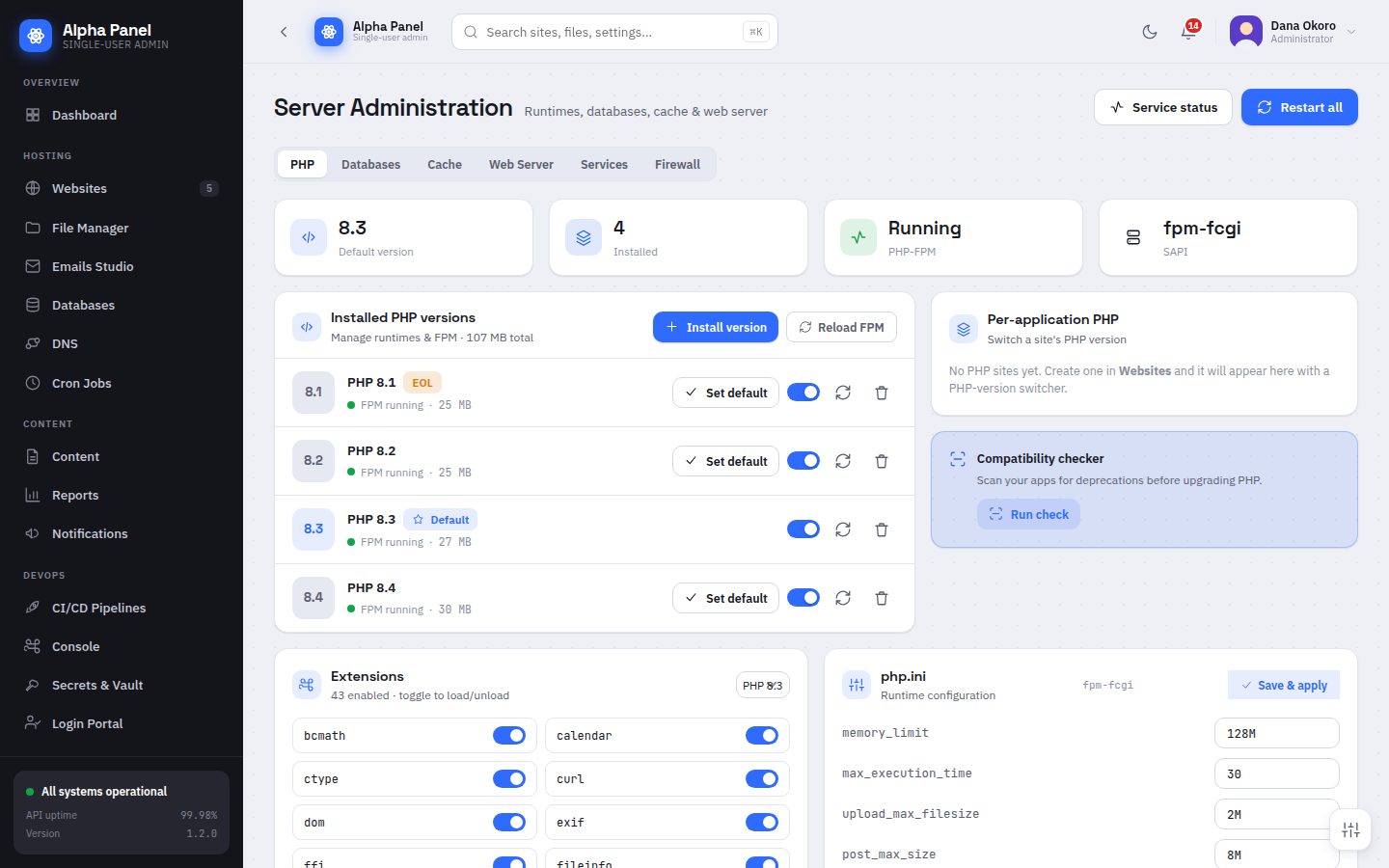 Server Administration screen in AlphaPanel