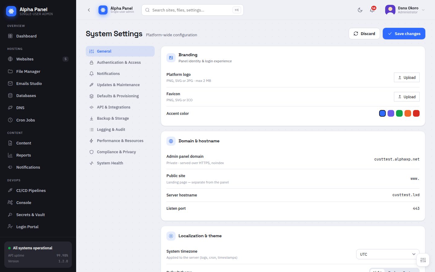 System Settings screen in AlphaPanel