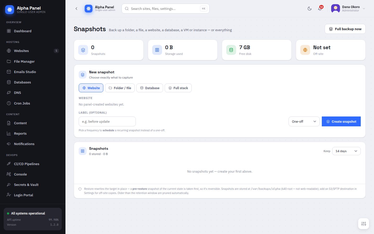 Snapshots screen in AlphaPanel